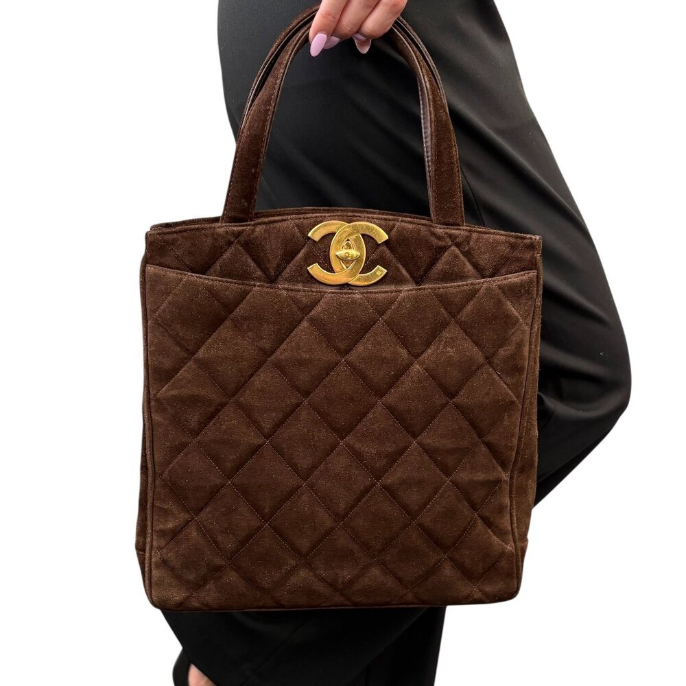 CHANEL Vintage CC Logo Turnlock Quilted Suede Tote Bag Handbag Brown [106453]
